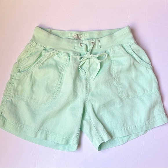 Calvin Klein Linen Shorts Womens Sz Small Mint Green Cargo Pockets relaxed fit - Picture 2 of 8
